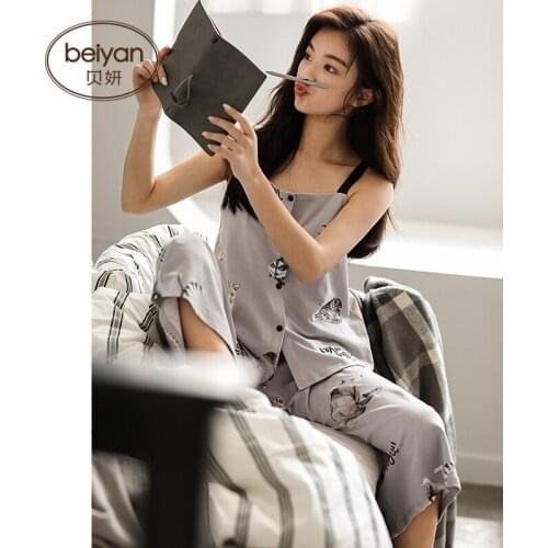 Summer Womens Suspender Calf-length Pants Pajamas Cute Cartoon Girl Pure Cotton Homewear Thin can wear two sets