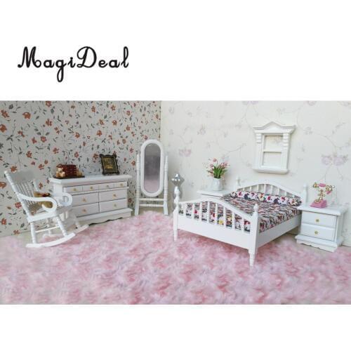 MagiDeal Cute 1:12 Dollhouse Miniature White Wooden European Retro Bedroom Furniture Set for Kids Playing House Game Toy Gift