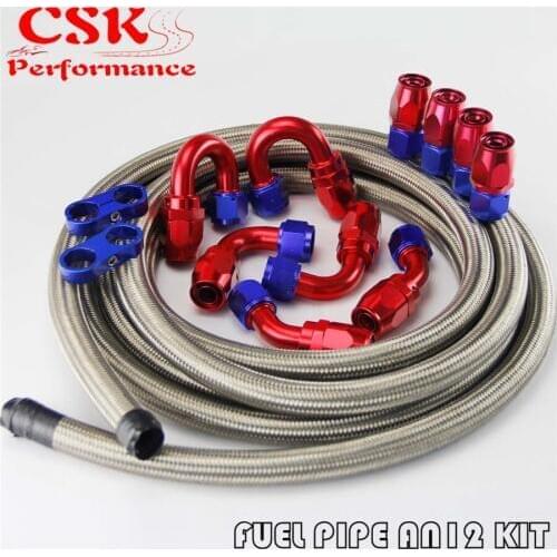 12AN Stainless Steel Braided Oil Fuel Line 16ft + Fitting Hose End Adaptor Kit