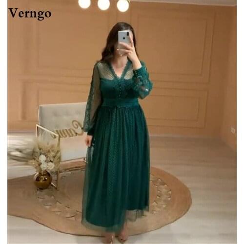 Verngo Dark Green Lace Polka Dotted Tulle Prom Dresses Plus Size V Neck Long Sleeves Party Formal Gowns Ankle Length Mother Wear