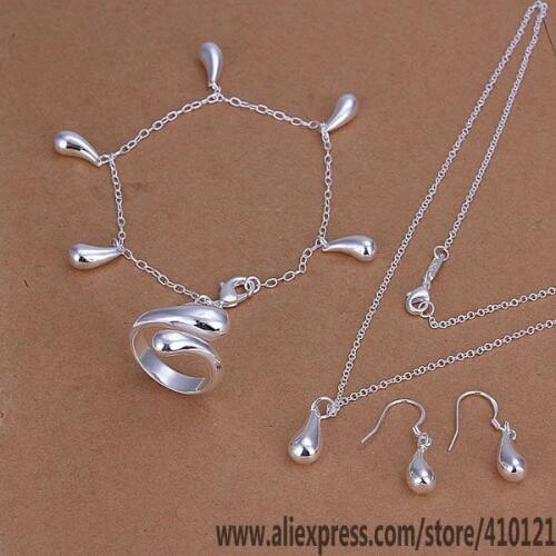 S224 Hot Silver Color Jewelry,Wholesale Fashion Jewelry Elegant Charms Fashion Set Droptear Ring Stud Earrings Bracelet Necklace