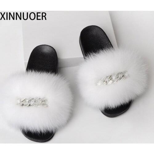 Fur Slippers Natural Fox Fur Fluffy Cute Plush Fashion Ladies Flip Flops Summer Outdoor Non-Slip Casual Business Flat Sandals
