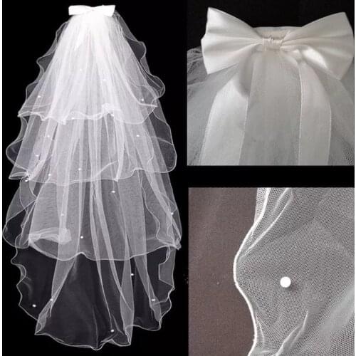 Tulle Wedding Dress Veils White Bowknot Bridal Multi Layer Hair Veil Comb Faux Pearls Bride Fairy Marriage Accessories