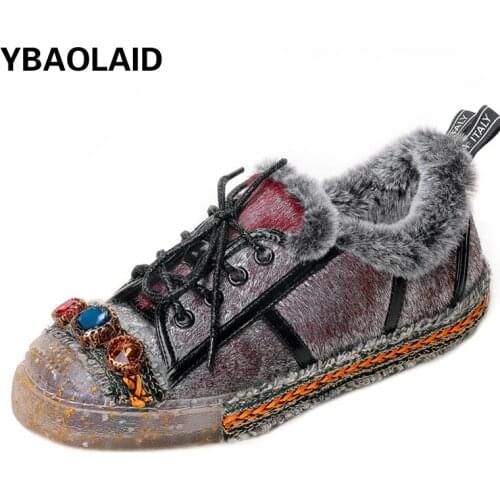 Horse Skin Trifle-heel Low-top Shoes Winter New Leather Horse Hair Rhinestone Square Head Rivet Front Lace-up Casual Flat Shoes