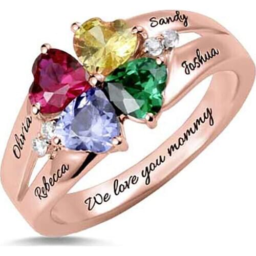 Uonney Dropshipping Engraved 4 Heart Birthstones Name Ring Anniversary Valentine Birthday Gift Silver Rose Gold Color Jewelry