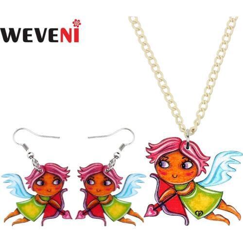 WEVENI Acrylic Cute Valentines Day Cupid Angel Necklace Earrings Jewelry Sets Unique Girls Teens Festival Charm Gift Decoration