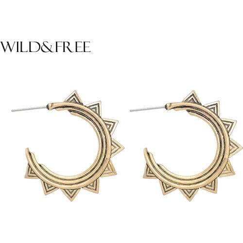 Wild&Free Classic Open Round Stud Earrings For Women Antique Gold Color European Sun Style C Earrings Rock Boho Jewelry