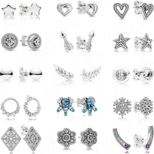 Authentic 925 Sterling Silver Earrings Daisy Four-Leaf Clover Shiny Snowflake Angel Wings Suitable For Original Female Jewelry