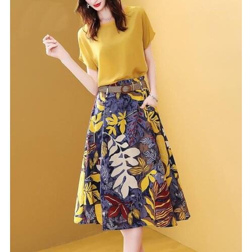2020 Summer Women Fashion Cotton Short sleeve + Floral skirt with belt Causal Two-piece Suit Slim Sets conjuntos de mujer W268