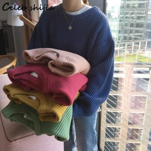 SHIJIA Blue Oversized Sweater Woman Tops Fall 2021 Long Sleeve Chic Korean Fashion Warm Knitted Pullover O Neck Knitwear Autumn