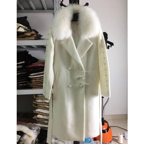 Winter fashion real fox fur woolen blends coat double breasted cashmere coat female cotton filling thicker warm outerwear F937
