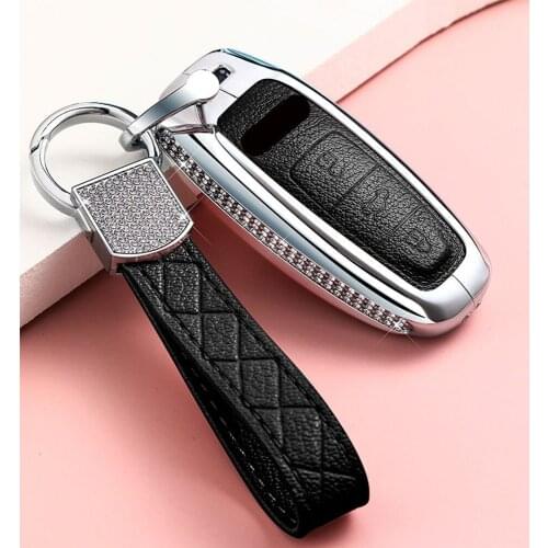 Diamond+Leather Car Key Case Protector Cover Holder Shell Skin Accessories For Audi A6L A7 A8 Q8 E-tron C8 D5 2019 2020 Styling