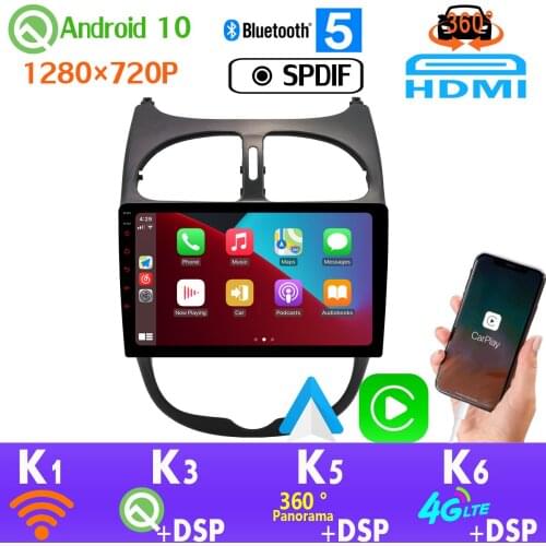 1280*720P PX6 Android 10 For Peugeot 206 2000-2016 GPS Radio Head Unit auto CarPlay 360 4*AHD Camera 4G LTE WiFi SPDIF HDMI DSP