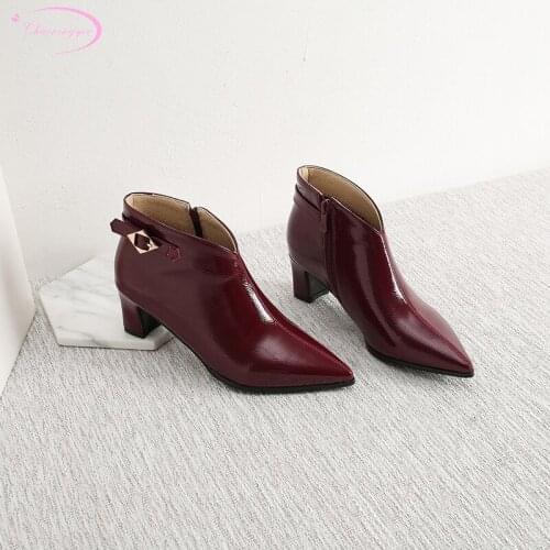 Sexy pointed toe nightclub ankle boots paint zipper buckle strap Chelsea boots red grey black high-heeled chunky womens shoes