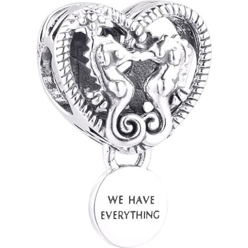 CKK Silver 925 Jewelry Openwork Seahorses Heart Charm Fits Original Bracelets Sterling Silver Beads