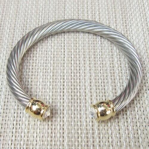 Crystals Ladies Birthstone Cable Bracelet Stainless Steel Stranded Wire Cuff bangle Teen Girl Design Two Tone Silver Gold