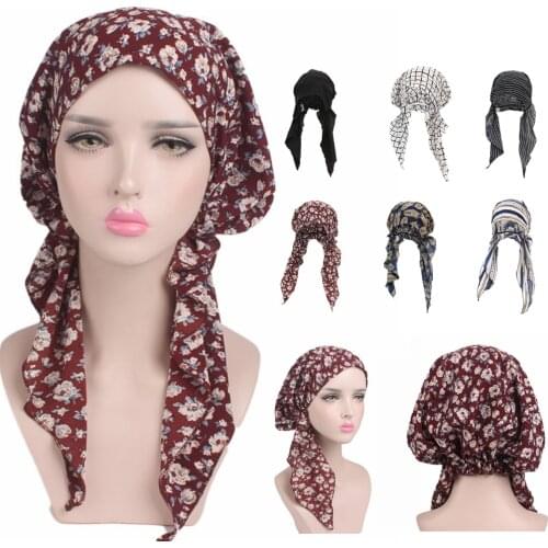 Women Chemo Hat Pre Tied Ruffle Headscarves Turban Headwear for