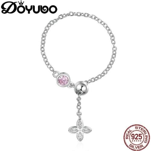 DOYUBO Hot Sale Womens Adjustable Size Silver Chains Rings With Pink & White Cubic Zirconia Flower Pattern Rings Jewelry AGB061