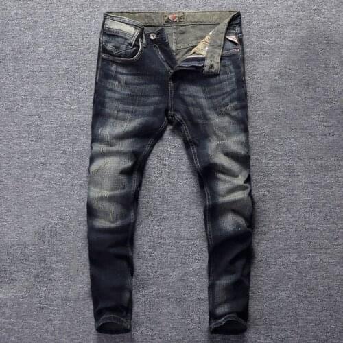European Vintage Fashion Men Jeans Retro Black Blue Elastic Slim Fit Ripped Jeans Men Scratch Designer Casual Cotton Denim Pants