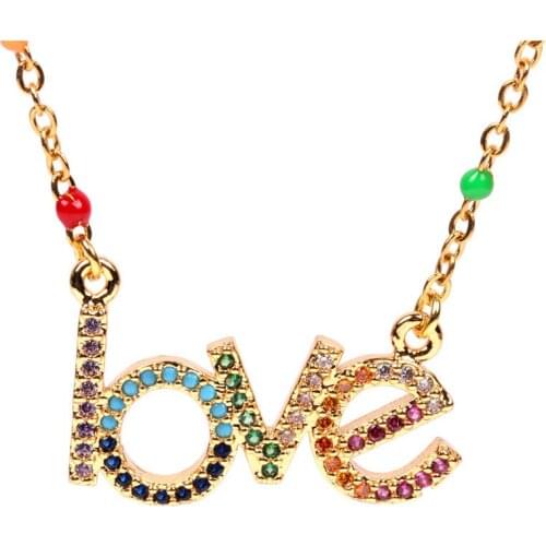 EYIKA Charm Letter LOVE Heart Pendant Colorful Enamel Stainless Steel Necklace Women Zircon Gold Jewelry Gift for Mothers Day
