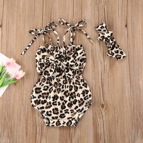 Toddler Baby Girls 2pcs Bodysuits+Headband Summer Leopard Print Jumpsuits Sleeveless Belt Playsuits Outfits For 0-24M Newborn
