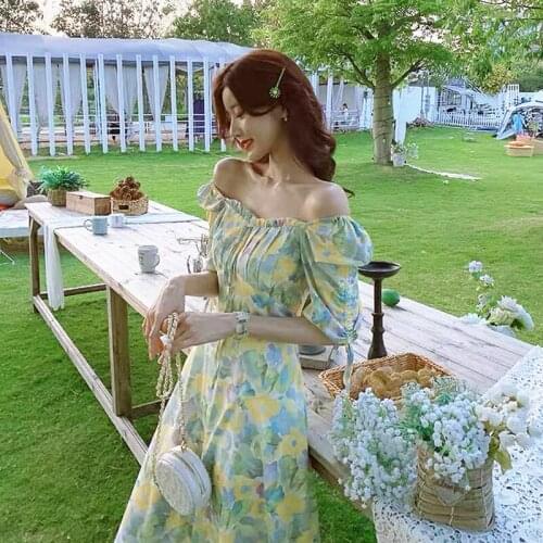 Short Skirt Childrens Short Sleeve 2021 Cottagecore Summer New Style High Waist A-line French Green Square Collar Floral Dress