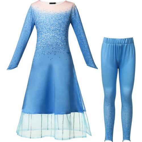 Princess New Elsa Dress Set Cosplay Costume for Girl Blue Dress + trousers Kids Party Halloween Clothing Snow Queen Fancy Dress