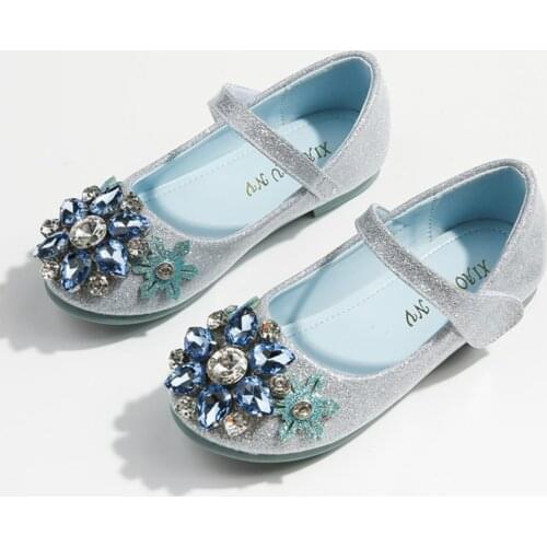 Girl Fashion Princess Shoes Children Elsa Blue Crystal Flower Leather Shoes Kids Opera Performance Shoes 7-16 Years