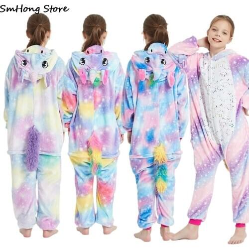 New Winter Flannel Kigurumi Unicorn Rainbow Pajamas Childrens Sleepwear Homewear Baby Nightwear Pyjamas Kids for 8-12 Years