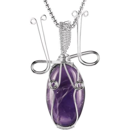Silver Color Natural Amethyst Egg Shaped Pendant Healing Reiki Crystal Stone Charms For Jewelry Making DIY Necklace Accessories