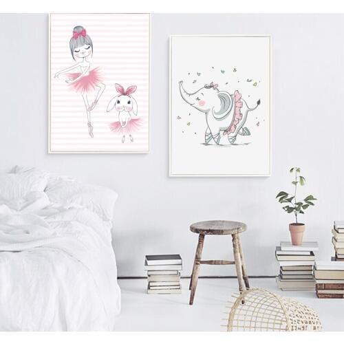 Cartoon Ballet Girl With Rabbit Canvas Painting Art Prints , Nordic Cute Elephant Ballerina Dancing Art Print Wall Pictures