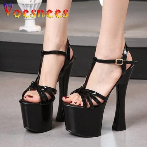 Comfort Patent Leather 20CM Sandals Sexy Waterproof Platform Female Club Hollow Out Bow Heels Heels Nightclub Pole Dance Shoes