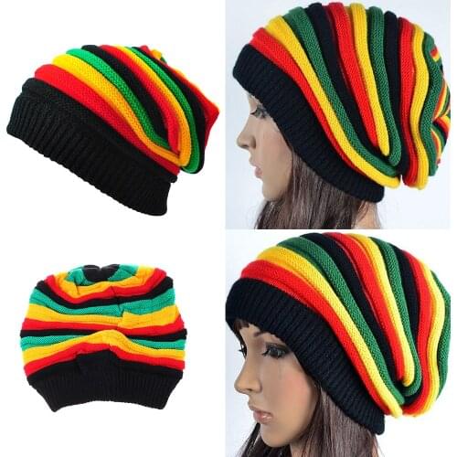 Unisex Jamaica Slouch Beanie Winter Rainbow Striped Warm Knitted Hat Beret Cap Winter Reggae Baggy Cap