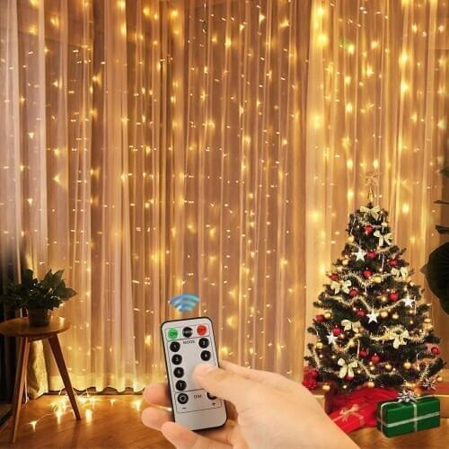 USB battery dual purpose 3m x3m Curtain LED String Light Fairy Icicle 8 Modes 13key remote 300 LED Christmas Garland LED String