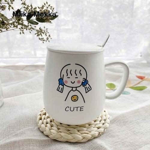 Japanese Ceramic Mug 401-500ml Cartoon Cute Mug with Lid Spoon Water Cup Student Cup Milk Cup Coffee Cup Juice Tea Cup Gift Girl