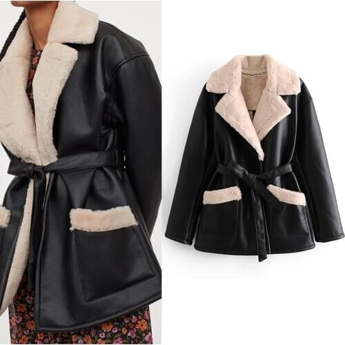 Za 2020 Fashion Women Winter Thicken Faux Leather Jackets Pockets Belt Flat Collar Imitation Wool Lining Jackets Parkas