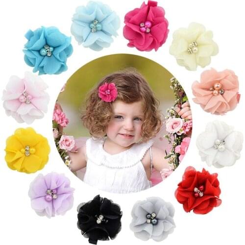 36pcs/lot Chiffon Flower Hair Bow Clips with Rhinestones Pearl Children Girl Hairpins Handmade Barrettes Hairgrips Headwear