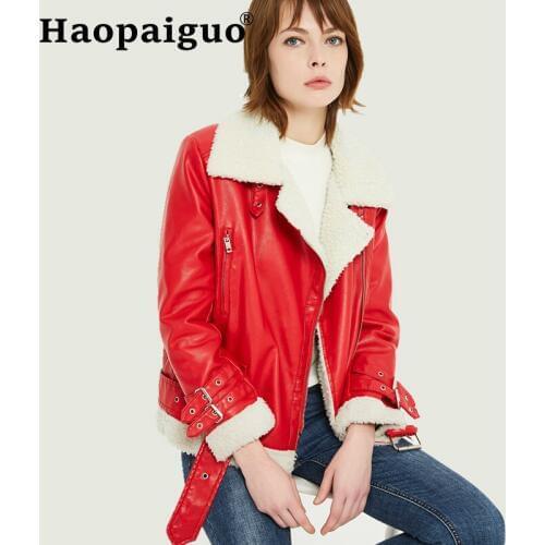 Red Cashmere Patchwork PU Faux Leather Jacket Women Classic Moto Biker Jacket Winter Autumn Ladies Thick Warm Coat Outerwear