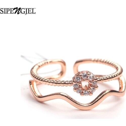 SIPENGJEL Fashion Cubic Zircon Wave Double Layer Rings Small Round Geometric Adjustable Open Rings For Women Wedding Jewelry