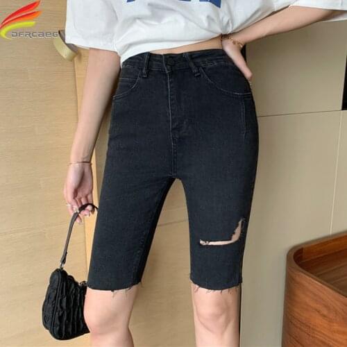 Skinny Denim Shorts Women 2021 Summer New Arrival Half Length Black Shorts Jeans With Hole Korean Style Casual Short Femme