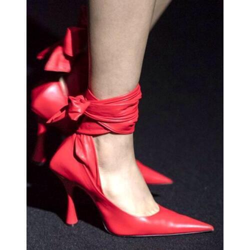 Moraima Snc Fashion Runway High Heel Shoes Woman Pointed Toe Leather Band Lace-up Thin Heels Pumps Shallow Party Dress Shoe