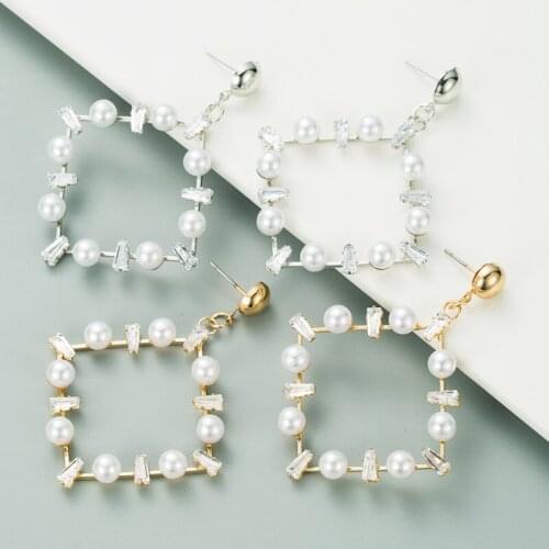 Big Rhinestone square Circle Creative Retro Imitation Pearl dangle Earrings Friend Birthday Gift Women Earrings Accessories