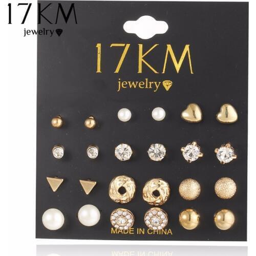 17KM Fashion 12 pair/set Trendy Style Women Square Crystal Heart Stud Earrings for Women Piercing Simulated Pearl Flower Earring
