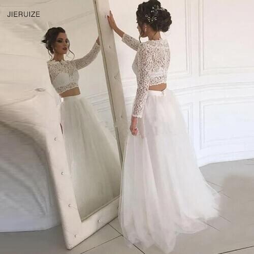 JIERUIZE White Simple Lace Two Pieces Wedding Dresses Long Sleeves Summer Cheap Bridal Dresses vestido de novia