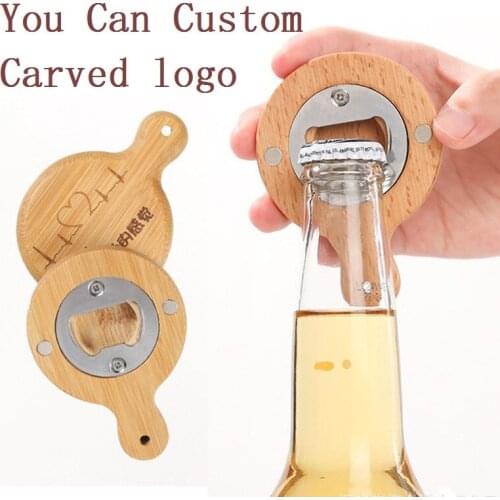 100Pcs Creative Bamboo Wooden Bottle Opener With Handle Coaster Fridge Magnet Decoration Beer Bottle Opener Free Engrave Logo