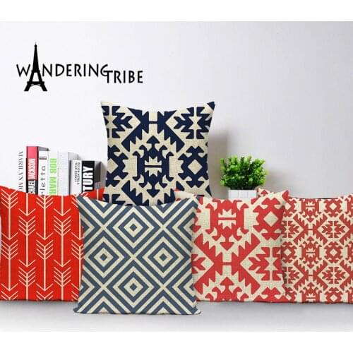 Boho Geometry Blue Cushion covers Abstract Ethnic Custom Linen Arrow Cushion Home Decor Throw pillows Retro Cushion Cover Cojin
