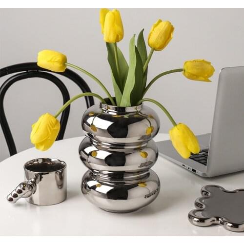 Cutelife Large Plating Silver Ceramic Flower Vase Nordic Decoration Home Living Room Table Vase Modern Office Wedding Plant Vase
