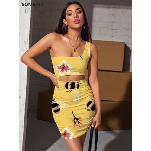 SOMEPET Brand Bee Dresses Women Animal 3d Print Flower Pleating Painting Hollow out Dresses Womens Clothing Mini Evening Beach