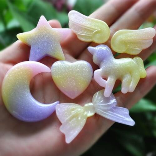 Diy Craft Hair Accessory 7Pcs Mixed heart ,moon and bow Flat Back Resin Cabochon rainbow color