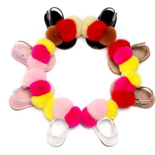 FOCUSNORM 0-24M Newborn Baby Girls Fur Balls Slippers 4 Colors Hook Flat With Heel Soft Cork Shoes For All Seasons